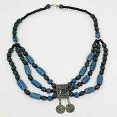 Vintage Antique Silver Tone Bedouin Glass Trade Beads Necklace Artisan Coins 21”