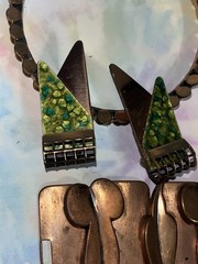 Vintage 1960s Renoir Copper Jewelry Bracelet Bangle Green Clip On Earrings