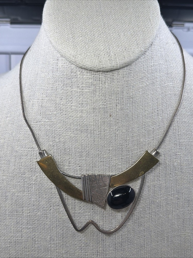Hall McFall Modern Mixed Metals Necklace 925 Black Onyx 16″ Italian Snake Chain