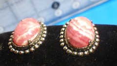 vintage vivid old Rhodochrosite sterling silver screw back earrings maker JJJ co