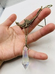 Vintage Style Art Nouveau Oxidized Brass Crane Bird w/ Rainbow Bead Necklace