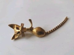 Vintage Gold Tone Cat with Red Rinestone Eyes and Chain Tail Brooch Pin Jewelry