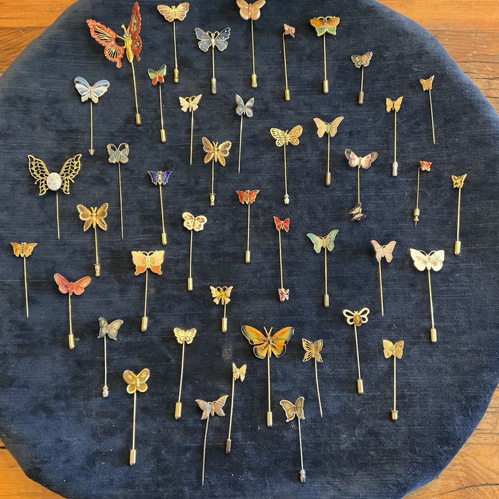 Huge Lot Vintage Jewelry Mixed Media ALL BUTTERFLIES Stick Pins Enamel Cloisonné
