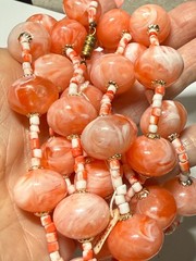 Vintage Japan Necklace Earrings Set Plastic Glass Orange White 36 in NOS