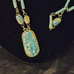 Vintage Egyptian Revival Scarab Necklace Blue Flapper Opera 18″