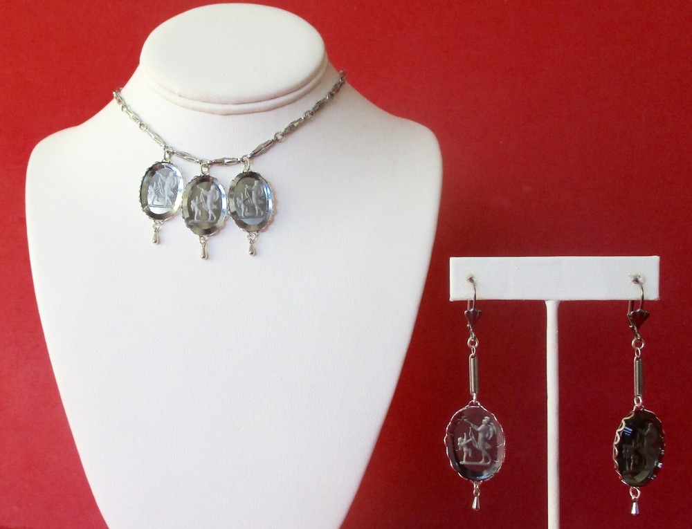 Vintage Jewelry Set: Reversed Etched Glass Necklace & Earrings/Boho/Shabby Chic