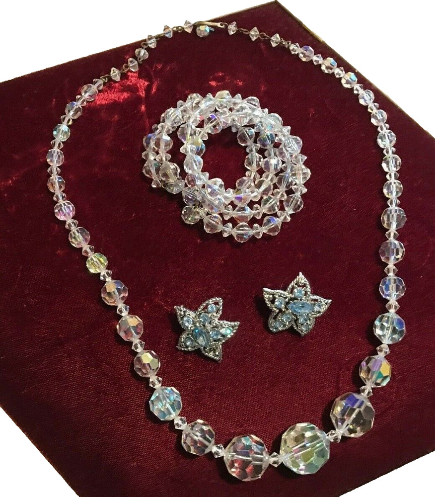 Vintage Crystal BEADS NECKLACE With Bracelet & Rhinestone Earrings