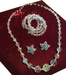 Vintage Crystal BEADS NECKLACE With Bracelet & Rhinestone Earrings