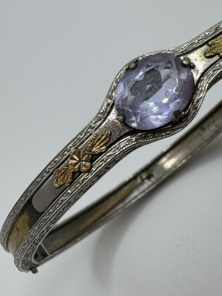 Antiqued Silver Plate Amethyst Glass Etched Gold Designed Bracelet Art Deco
