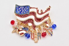Patriotic American Flag Rhinestone Dangle Brooch Red White Blue USA Pin Bin7