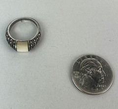 VTG Art Deco Mother of Pearl & Marcasite (925) Sterling Silver Ring 7.75