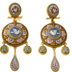 Vintage European Floral Bird Enamel Disc Drop Earrings Gold Victorian Jewelry
