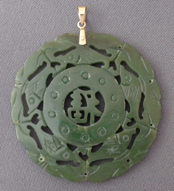 Vintage Big Asian Pendant Carved Deep Green Stone Character & Fish 10K Gold Bale