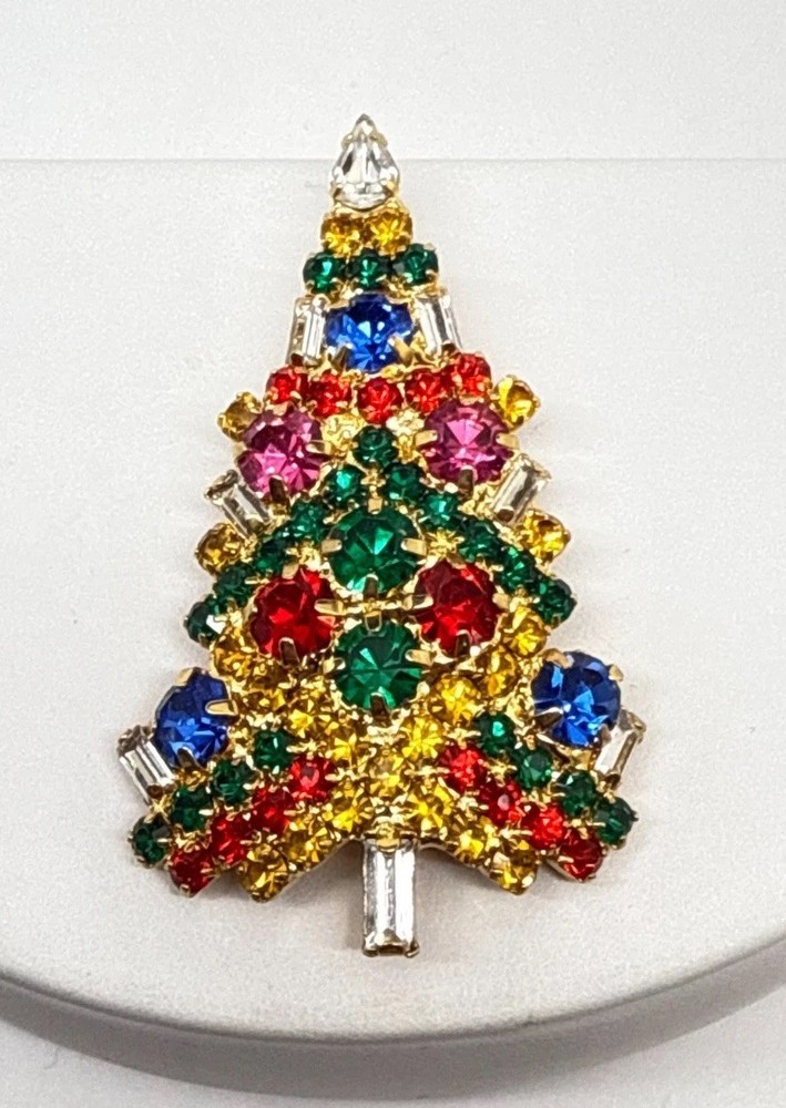 Vtg Vasari Christmas Tree Brooch Multicolor rhinestone Gold Tone signed