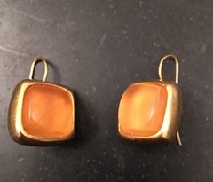 NJD N J D Signed Brushed Gold & Set Orange Glass Pierced Earrings Vintage