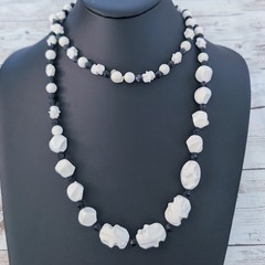 Vintage Necklace Statement Unusual Cream & Black Very Long Can Be Layered