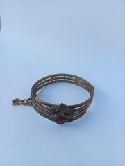 Vintage Silver Tone Floral Bangle Bracelet with Red & Clear Rhinestones