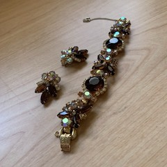 Vintage D&E Juliana Book Brown AB Headlight Rhinestone Bracelet Clip Earring Set