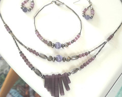 VTG Artisan Silver Tone Violet Purple Glass Necklace, Bracelet, Earrings Set