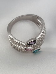 Vintage PJM 6Band Sterling Crystal Muti Color Pear Cut Gemstones Ring 5.9Gr Sz8