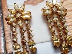 VINTAGE * STERLING SILVER (925) * EARRINGS 1″- GOLD PLATE on SILVER, CITRINE