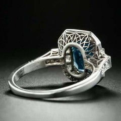 Art Deco Blue Topaz & Lab-Created Diamond Halo Wedding 14K White Gold FN Ring