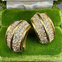 Vintage Christian Dior Pavé Rhinestone Gold Plated Half Hoop Clip Earrings