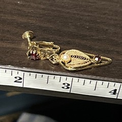 Vintage Hobe Clip Screw Earrings Openwork Filigree Faux Pearl Red Garnets Dangle