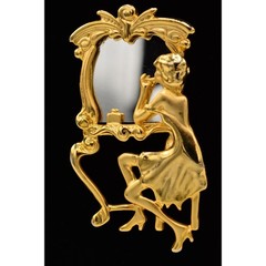 Vintage Vanity Mirror Pin Brooch Woman Beauty Brushed Gold Retro NOS 1980s BinA3