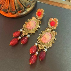 Vintage European Floral Cameo Drop Earrings Gold Plated Rhinestone Pearl Dangle