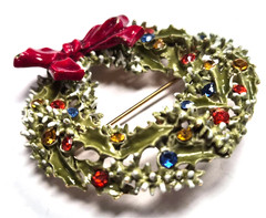 Vintage Signed ART Arthur Pepper Enamel Holly & Rhinestone Wreath Pin / Brooch
