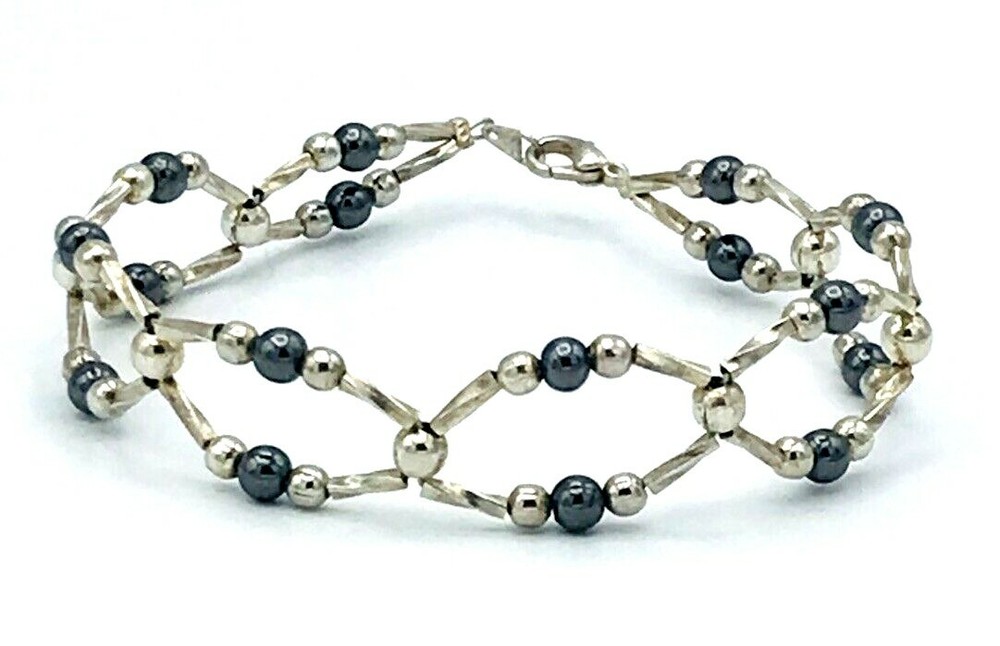 Vintage Silver Tone Korea Hematite Bead Bracelet 8″