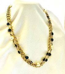 Blue Bezel & Pearl Chain Necklace and earrings • Gold Tone Layered Statement Jew