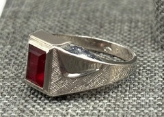 Vintage 18K HGE White Gold Plated Red Stone Signet Ring Men’s Art Deco Style 8
