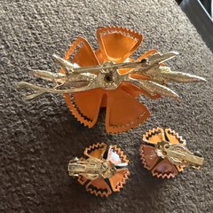 Enamel Orange Floral Brooch Pin And Matching Clip On Earrings