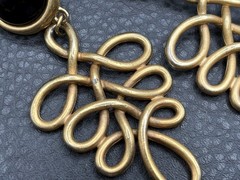Vintage Huge 80s Runway Dangle Gold Tone Black Filigree Loop Drop Clip Earrings