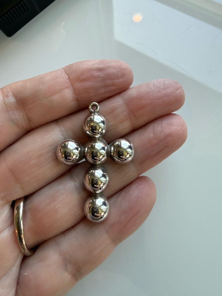 Vintage Sterling Silver Ball Cross Pendant 1.25″ Mexico Taxco? Southwest 4.25g