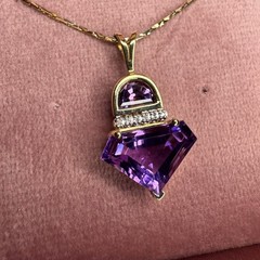 VINTAGE 14K Gold Natural Amethyst & Diamond Necklace -17″ Contemporary -4.4g