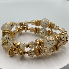 Vintage Y2K Gold Tone Clear Frosted Lucite Beaded Multi Layer Wrap Cuff Bracelet