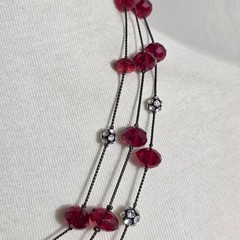Nine West Multi-Strand Necklace Gunmetal-Tone Chain Red Beads White Rhinestones
