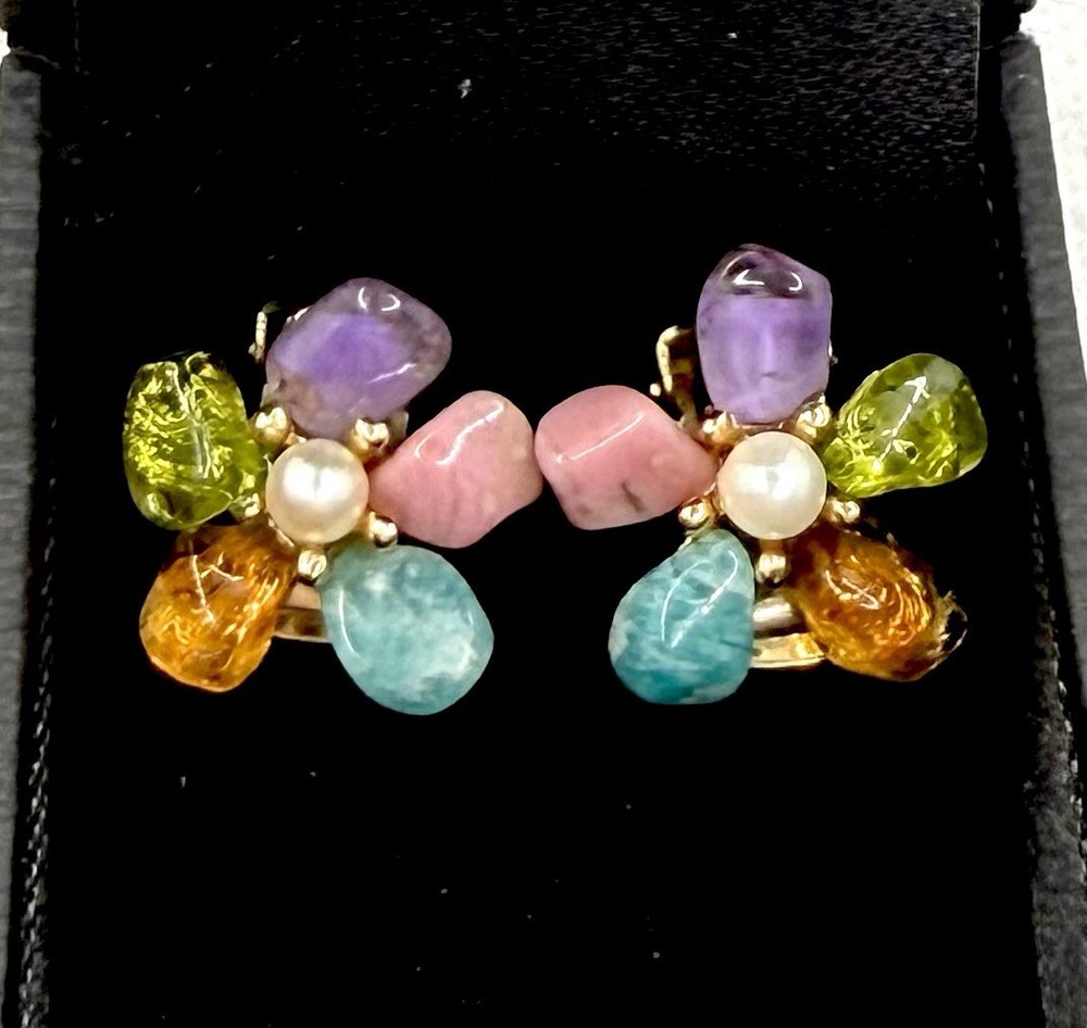 AUTHENTIC SWOBODA FLOWER EARRINGS ~ GENUINE SAPPHIRE PEARL MULTISTONE CLIP ON