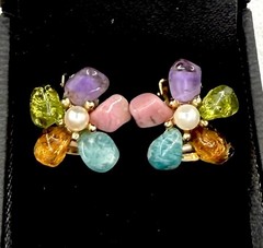 AUTHENTIC SWOBODA FLOWER EARRINGS ~ GENUINE SAPPHIRE PEARL MULTISTONE CLIP ON