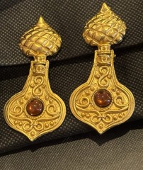 Vintage Gold Tone Etruscan Revival Amber Dangle Earrings Runway Statement 80s