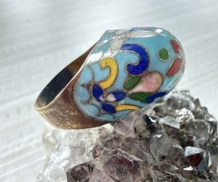 VTG Chinese Blue Cloisonne Enamel And Copper Ring Flowers Leaves Stems Sz 7