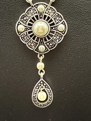 Vintage Crown Trifari Y Drop Necklace Marcasite & Faux Pearl Pendant 33 In #613