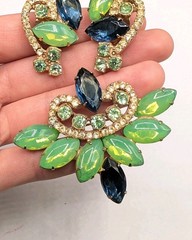 Verified Juliana Green Opal Blue Rhinestone Brooch Clip Earrings Set *Modified*