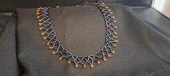 Art Deco Peacock Iridescent Bugle Netted Collar Vintage Necklace 16.5″