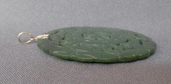 Vintage Big Asian Pendant Carved Deep Green Stone Character & Fish 10K Gold Bale