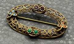 Vintage 1928 Brand Gold Tone Filigree Oval Brooch Etruscan – Victorian Style