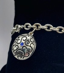 Vintage Silver Tone Chunky Chain Bracelet with Oval Enamel Locket & Blue Crystal